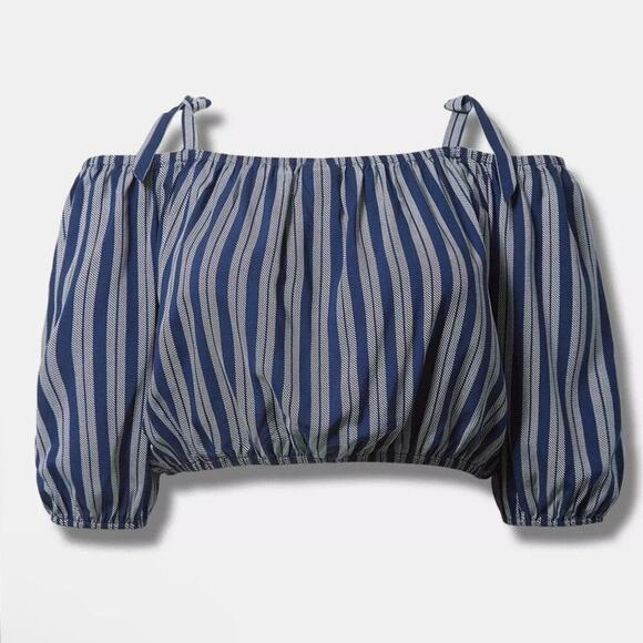 Torrid Navy Blue Striped Challis Crop, Off the Shoulder, Size 1X NWT - Picture 2 of 7